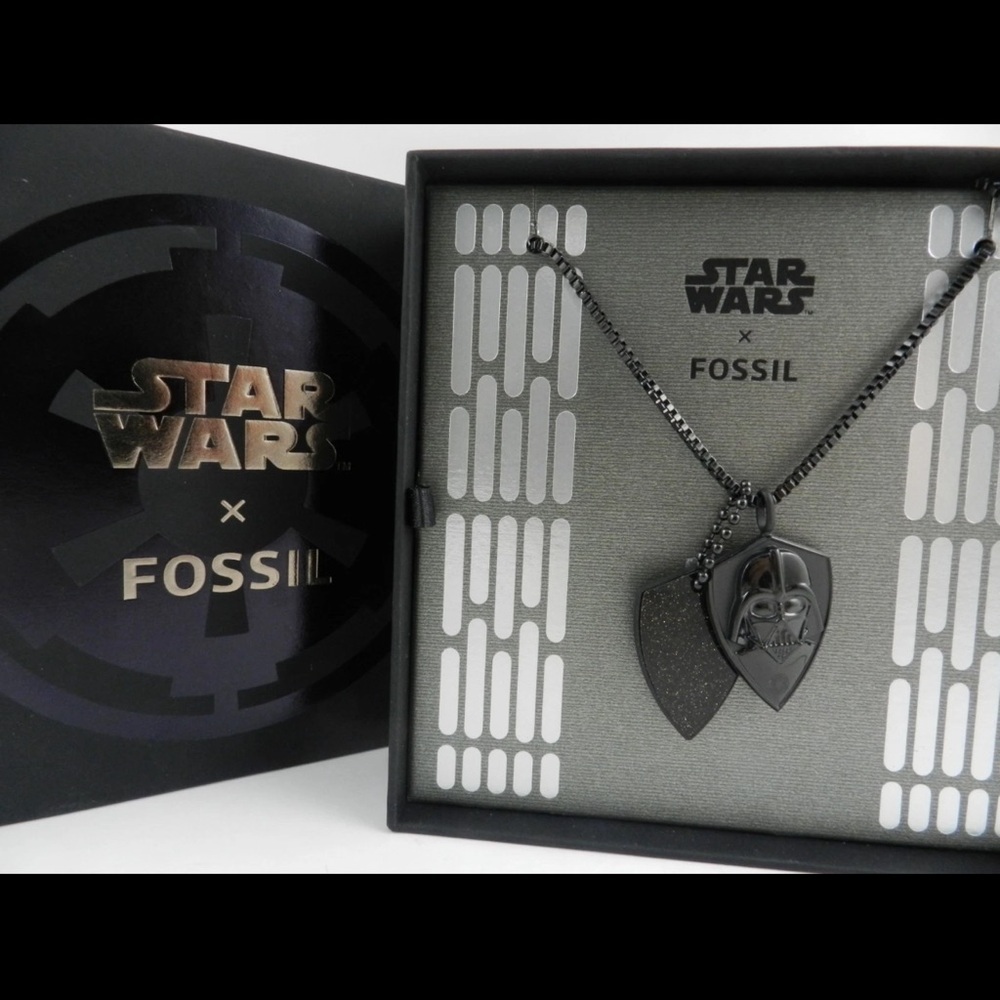 NWT FOSSIL Star Wars Darth Vader Black Stainless Steel Dog Tag Pendant Necklace